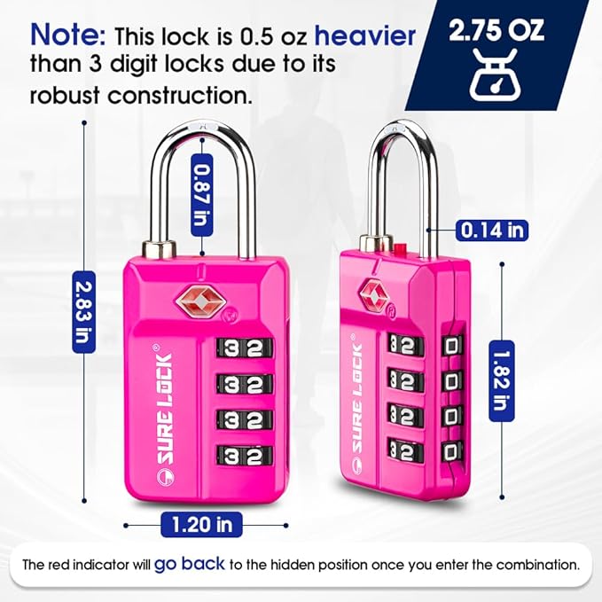 SURE LOCK TSA Approved 4-Digit Resettable Combination Luggage Locks with Open Alert, Easy-Read Dials - for Luggage, School Lockers, Gym, Office, Toolbox & Security Cases (Pink 1 Pack)