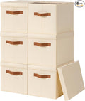 Storage Bins with Lids - Fabric Storage Baskets for Shelves, 6 Pack Foldable Decorative Boxes with Handles, Stackable Organizer Bins for Home, Nursery, Dorm, Beige