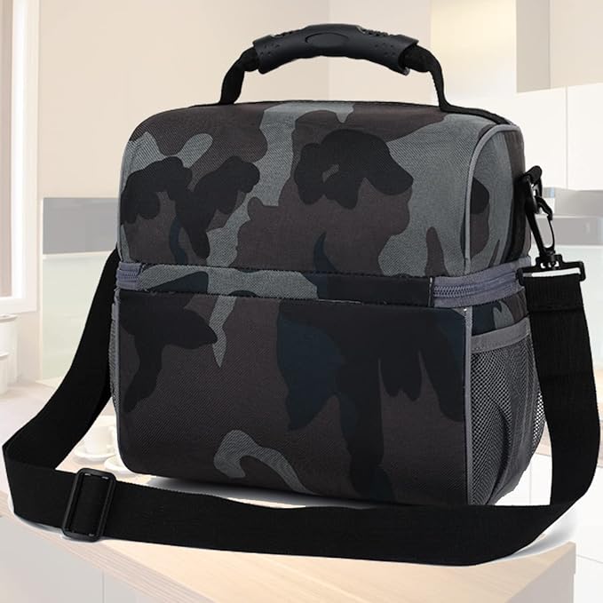 FlowFly Double Layer Cooler Insulated Lunch Bag Adult Lunch Box Large Tote Bag for Men, Women, With Adjustable Strap,Front Pocket and Dual Large Mesh Side Pockets