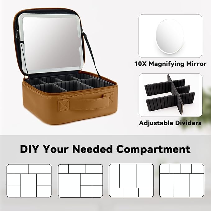 Travel Makeup Bag with LED Mirror and 10x magnifying glass with 3 Lighted Settings, Adjustable Dividers and Makeup Brush Storage Bag Brown