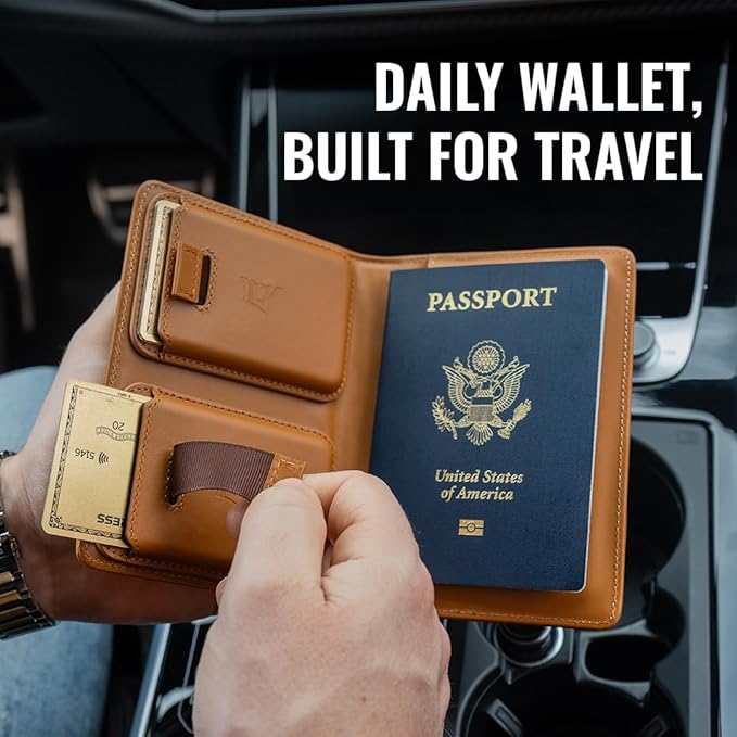 Kings Loot Passport Holder Wallet | RFID Blocking Leather Travel Wallet with Built-in Airtag Holder | Holds 1-6 Cards & Passport | Easy Pull Tab | Travel Wallets (Truffle)