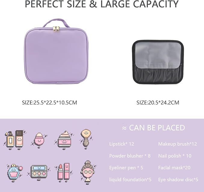 Makeup Bag with Led Mirror,Travel Makeup Organizer with 3 Color Setting, Portable Storage and Adjustable Dividers Travel Makeup Bag(Purple)