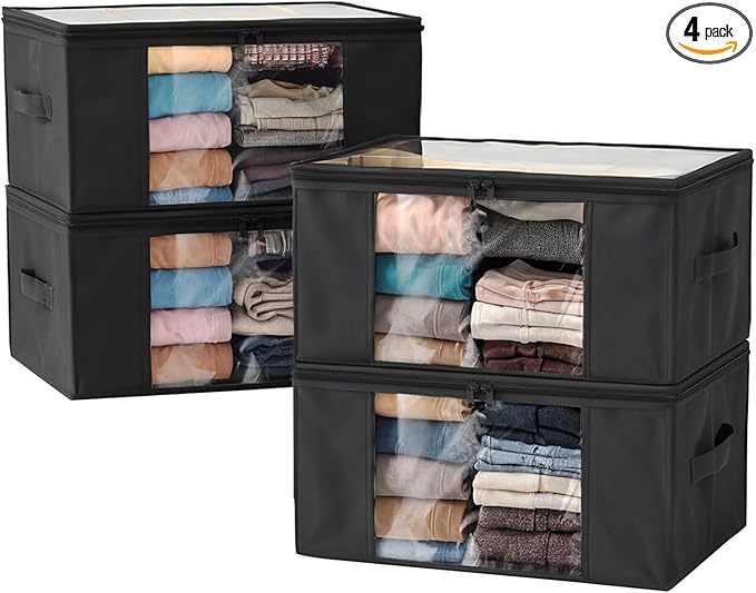 Clothes Storage Bags, Foldable Thick Fabric Blanket Storage Bags, Large Clear Window & Carry Handles, Great for Clothes, Blankets, Closets, Pillows, Toys (Black, 4PACK)