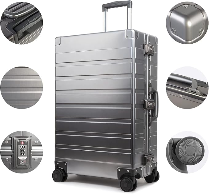 TRAVELKING All Aluminum Luggage with TSA Locks Metal Hard Shell Zipperless Spinner Alloy Metal Suitcase (Cool Metallic, 24 Inch)