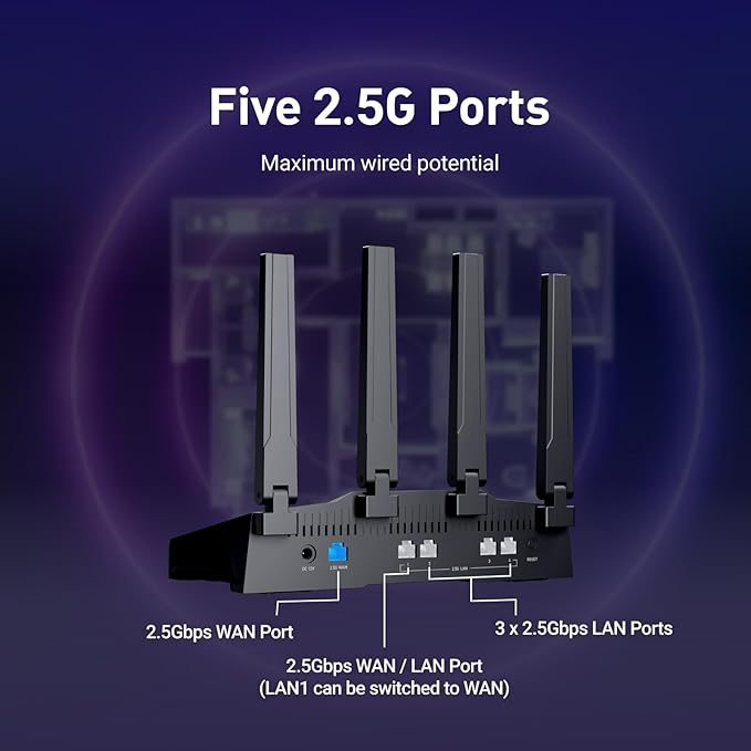 GL.iNet GL-BE9300 (Flint 3) Tri-Band WiFi 7 Router, High-Speed 6GHz Gaming WiFi Router for Wireless Internet, Long Range, 5 x 2.5G VPN Routers for Fiber Optic Modem, Computer Routers, Home & Business