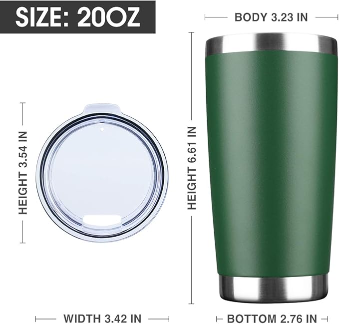 20oz Tumbler Bulk Stainless Steel Vacuum Insulated Tumblers with Lid Double Wall Travel Mug, Powder Coated Coffee Cup, Suitable for Ice Drinks and Hot Beverage (Dark green 6pack)