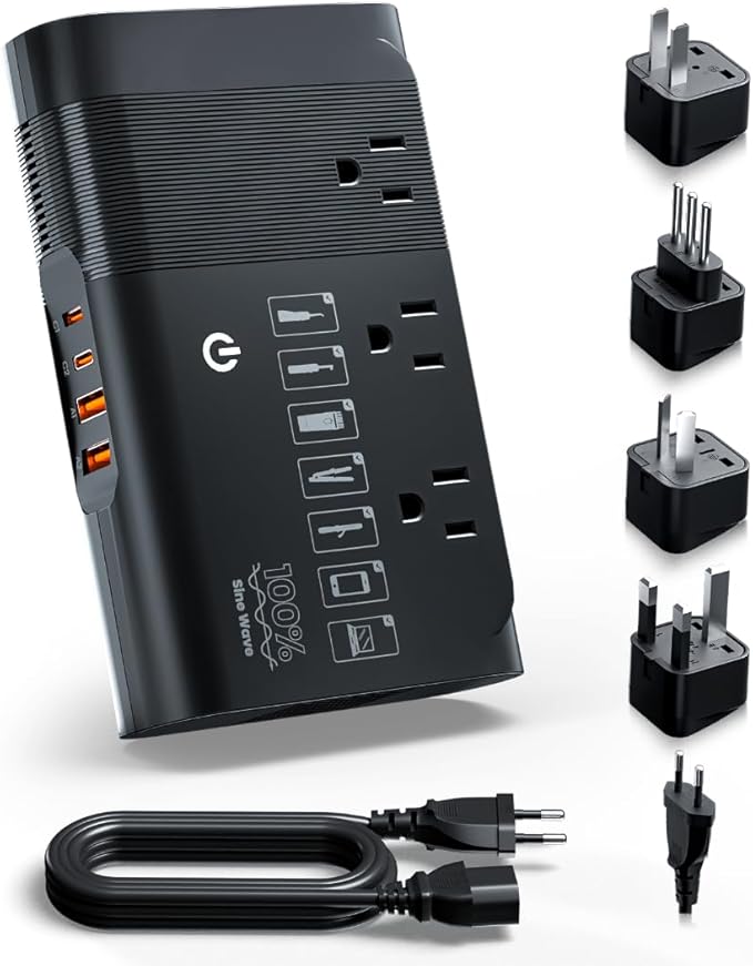 DOACE 500W Pure Sine Wave Voltage Converter, 220V to 110V European Travel Plug Adapter Converter, International Travel Transformer for US to Most Europe，UK, AU, EU, IT with 3 US Outlets & 4 USB, BLACK