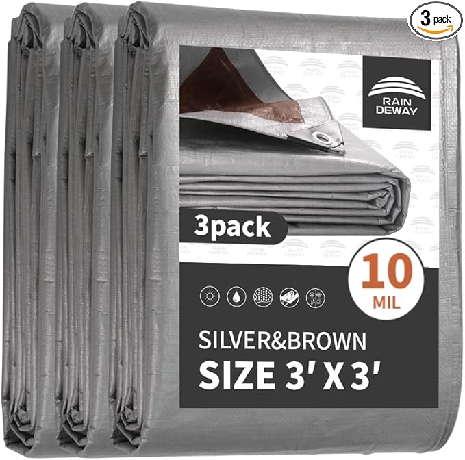 RAINDEWAY Small Tarps Heavy Duty Waterproof 3x3 Feet (3 Pack), 10Mil Multipurpose Poly Mini Tarp Cover with Metal Grommets and Reinforced Edges, Silver/Brown Tarp