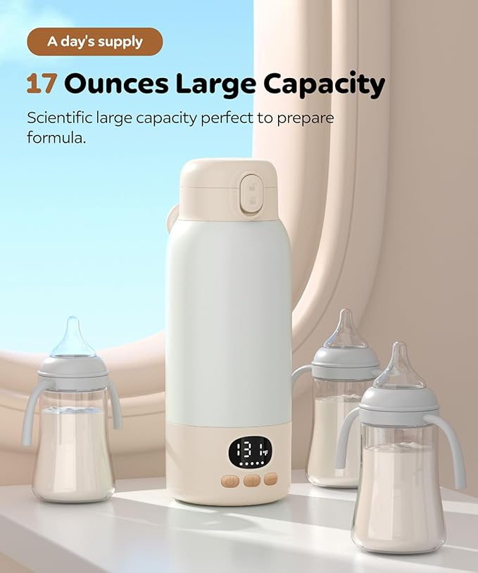 Portable Bottle Warmer for Travel, 17 Ounces Milk Warmer for Baby Breastmilk with Fast Heating & Precise Temp Control, Bottle Warmer for Car, Outdoors