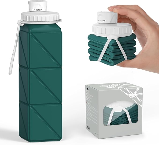 Portable Collapsible Water Bottles,BPA Free Food-Grade Silicone Reusable water Bottle For Outdoor Travel Hiking Sports,Compact,Lightweight Easy To Carry,Leakproof Water Bottles,Dark Green