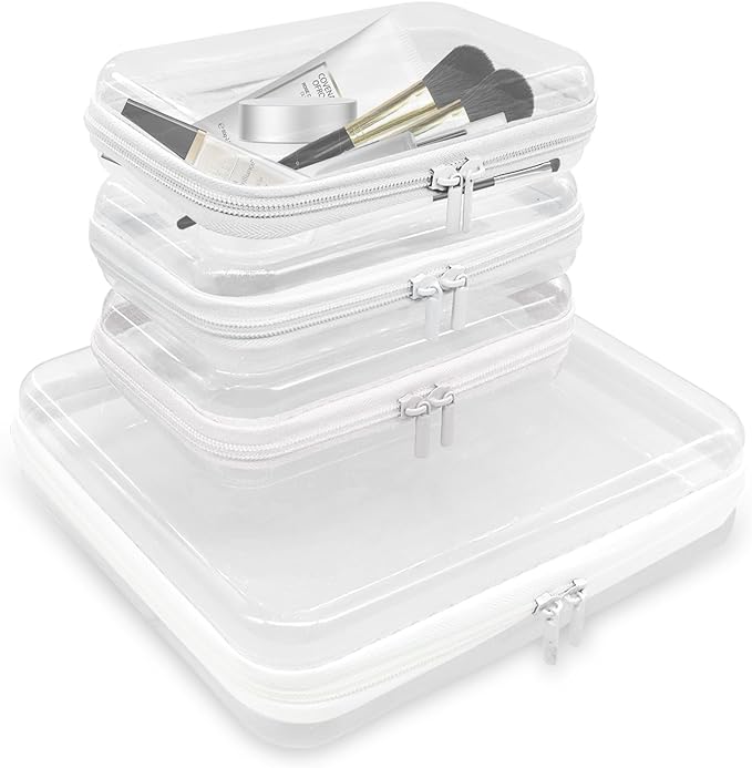 4PCS Clear Hard Zipper Case - Portable Organizer Pouches, Waterproof Plastic Cosmetic Bag,Travel Organizer Box for Cable, Make up Tools and Toiletries（White）