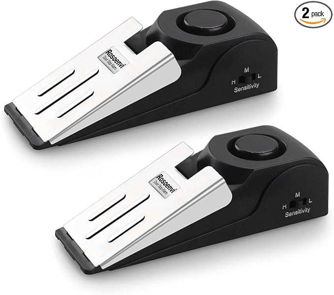 2 Pack Door Stop Alarm, Door Stopper with 120DB Security Alarm, Floor Wedge Door Stop Siren, Door Security Devices for Traveling, Apartment, Hotel and Home, Black