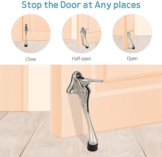 Door Stopper, One-Touch semi-Automatic Metal Door Stopper, with Non-Slip Rubber Tip for Wood, Concrete, Tiled, and Carpeted Floors (6inch x 1pack, Satin Nickel)