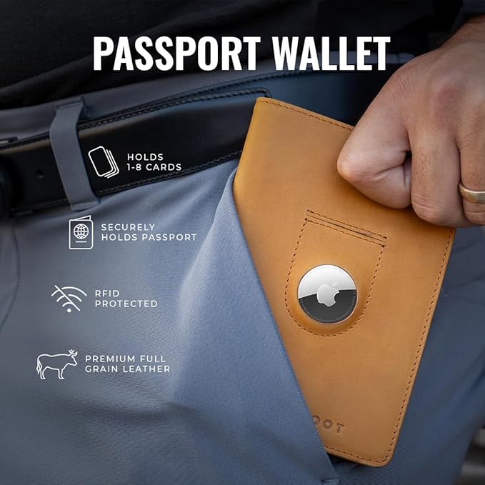 Kings Loot Passport Holder Wallet | RFID Protected Leather Travel Wallet with Built-in Trackable Holder | Holds 1-6 Cards & Passport | Slim & Stylish Wallets (Truffle)