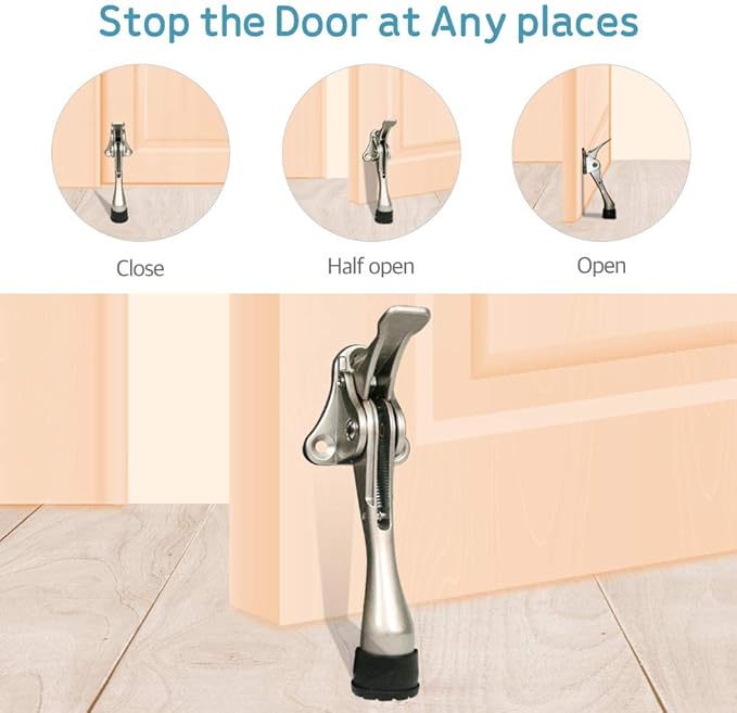 Door Stopper, One-Touch semi-Automatic Metal Door Stopper, with Non-Slip Rubber Tip for Wood, Concrete, Tiled, and Carpeted Floors (4inch x 2pack, Satin Nickel)