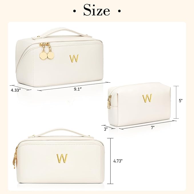 Birthday Gifts for Women Teen Girl, Personalized Initial Makeup Organizer Bag Set, Open Flat Travel Cosmetic Bag With Clear Divider and Handle(Beige,W)