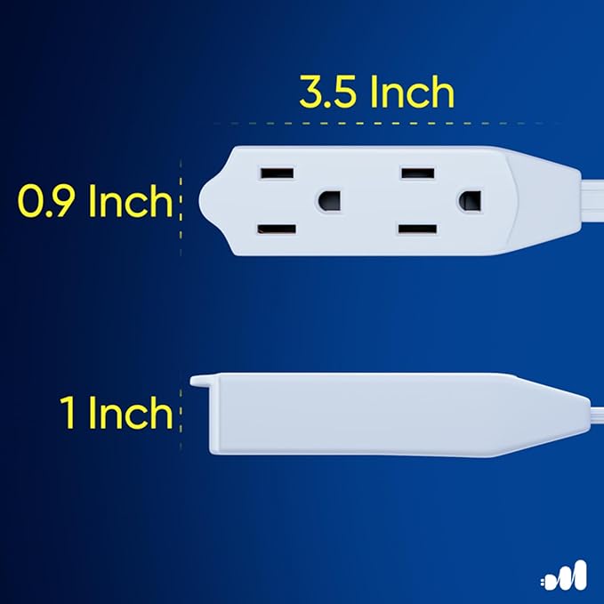 Maximm Cable 1 Ft 360° Rotating Flat Plug Extension Cord/Wire, 16 AWG Multi 3 Outlet Extension Wire, 3 Prong Grounded Wire - White - UL Certified