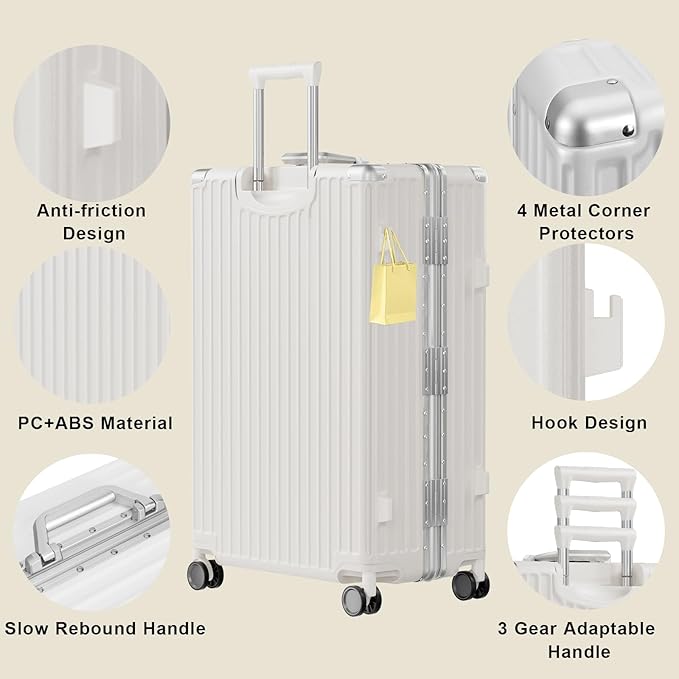 AnyZip Carry On Luggage PC+ABS Aluminum Frame Zipperless Luggage Hard Shell Suitcase with TSA Lock Double Spinner Wheels 20 Inch White