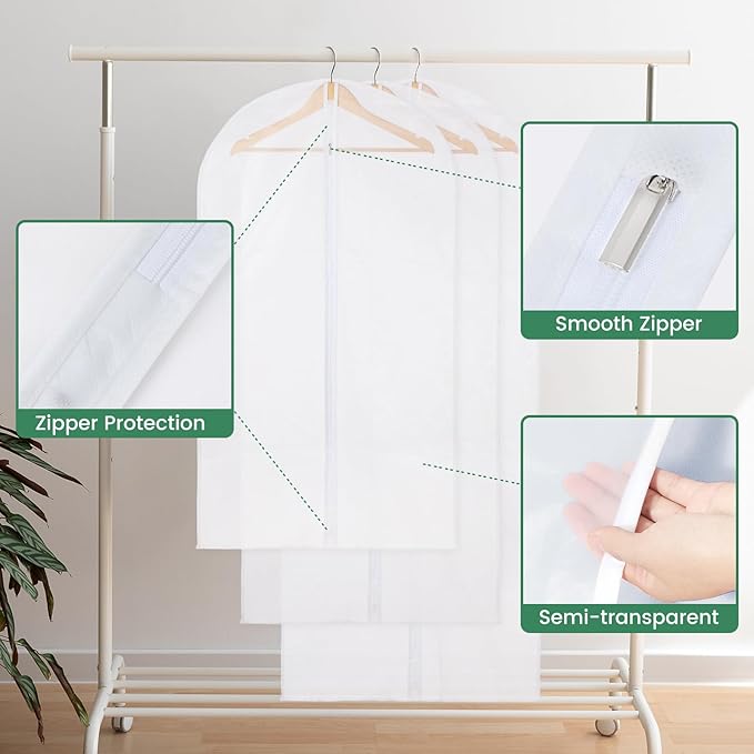 6 Pack Translucent Garment Bags for Hanging Clothes - Frosted Clothes Storage Bags for Suits, Shirts, Dresses, Closet Storage, Travel - 24" x 40"/47"/55"