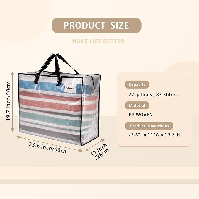 VENO 6 Pack Heavy Duty Moving Bags, Storage Bags, Packing Supplies, Top Zipper, Storage Totes for Camping, Clothes, Bedding, Comforters, Pillows (22 Gallon Clear, 6 Pack)