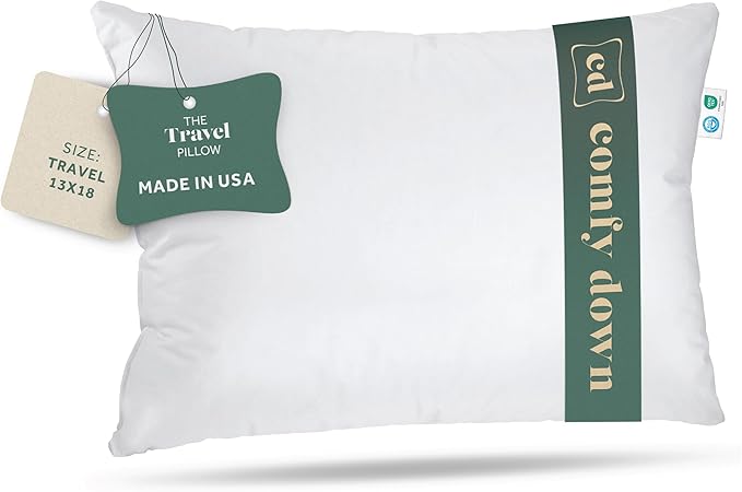 Goose Down Travel Pillow - Filled with 800 Fill Power European Goose Down, Egyptian 300 Thread Count 100% Cotton Cover for Plane car & Home - Made in USA (13" x 18")