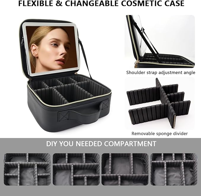 Travel Makeup Bag with LED Lighted Mirror, Travel Makeup Organizer,3 Color Setting Cosmetic Makeup Box, Adjustable Dividers and Brush Holder（black）