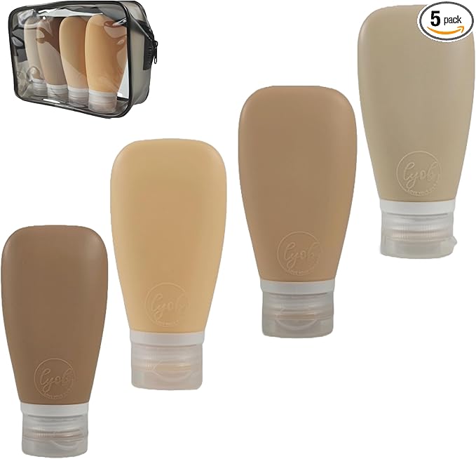 Travel Bottles for Toiletries, TSA Approved 3oz Leak Proof Silicone Refillable Squeeze Travel Size Containers BPA Free for Cleansers, Lotions, Shampoo w/Clear Bag (NEW earth tone set)