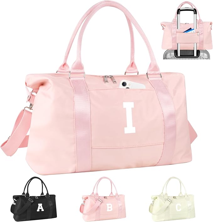 Initial Travel Duffel Bag Sports Gym Bag for Girls Teen Birthday Gifts,Pink Personalized Weekender Bag Carry On Tote Bags for Women Men,Waterproof Overnight Luggage Bag with Trolley Sleeve(Letter I)