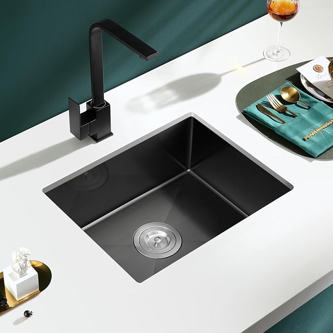 22 x 18 Inch Undermount Kitchen Sink, 18 Gauge Stainless Steel Handmade Single Bowl Kitchen Sink, 9 Inch Deep Bowl Bar Sink, Black