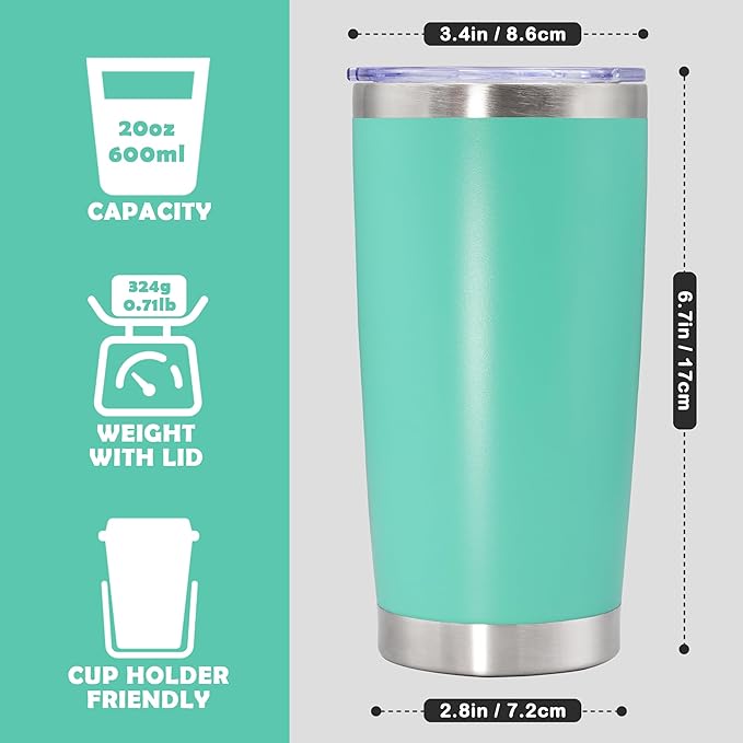 20oz Tumbler Stainless Steel Tumbler Cup with Lid Vacuum Insulated Double Wall Travel Mug, Durable Powder Coated Travel Coffee Tumbler Mug for Hot & Cold Drinks, Light Blue,4 Pack