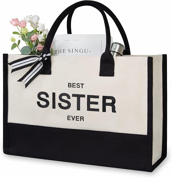TOPDesign Embroidery Canvas Tote Bag for Women, Birthday Gifts for Big, Little Sister, Soul Sister, Friends Female, Best Friends, Personalized Present Bag, Ideal for Beach, Holiday
