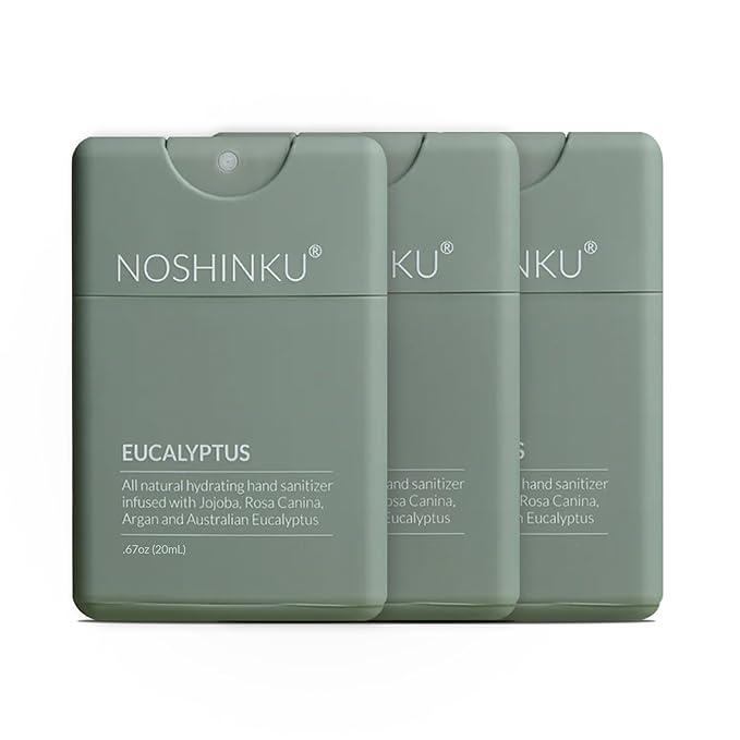 Noshinku - Refillable Hand Sanitizer Eucalyptus 3-Pack, Travel Size Spray with Hydrating Botanical Oils, Natural Ingredients, All Natural Fragrances, Sugarcane Derived Alcohol, No Parabens, No Dyes