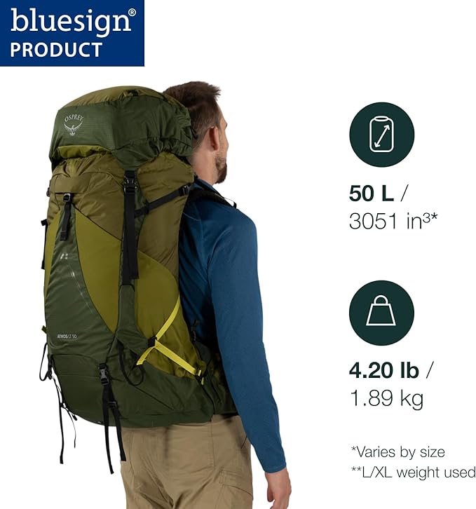 Osprey Atmos AG LT 50L Men's Backpacking Backpack, Scenic Valley/Green Peppercorn, L/XL