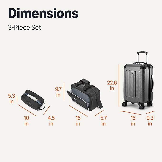 Amazon Basics 3-Piece Luggage Set, Including Carry-On Luggage (22" Expandable Hardside Suitcase With 8 Spinner Wheels), 15" Tote Bag, and 10" Compact Travel Bag, Black