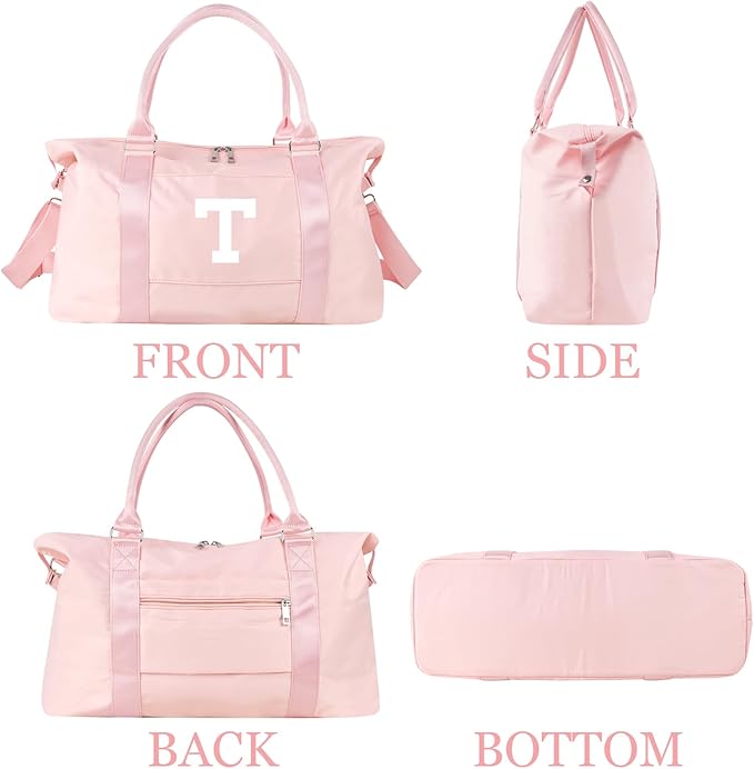 Initial Travel Duffel Bag Sports Gym Bag for Girls Teen Birthday Gifts,Pink Personalized Weekender Bag Carry On Tote Bags for Women Men,Waterproof Overnight Luggage Bag with Trolley Sleeve(Letter T)