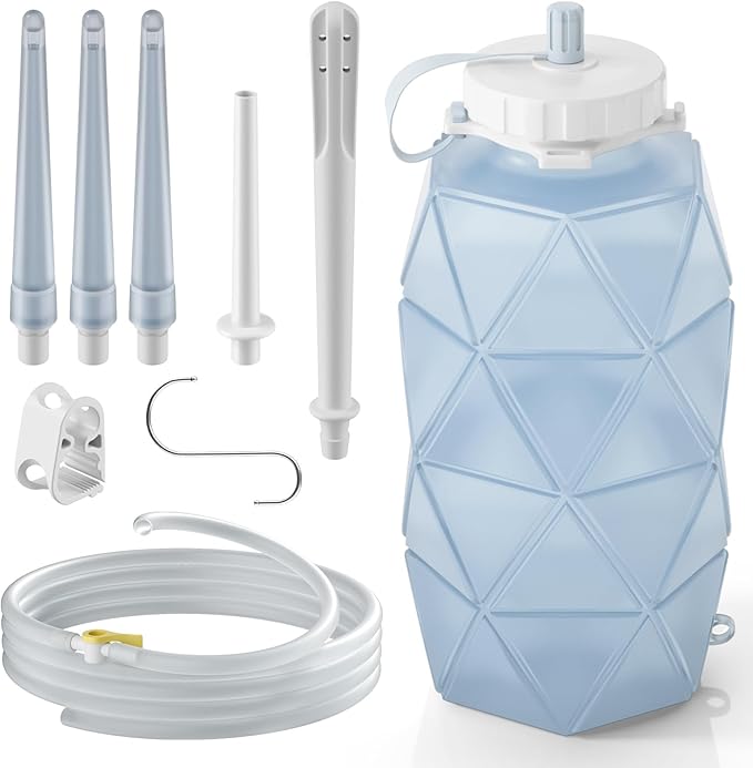Collapsible Silicone Enema Bag Bottle Kit with 5.3ft Enima Hose, 5 Enema Tips, Controllable Flow Valve, 1.2 L Capacity Silicone Enama kit for Coffee and Water Colon Cleanse