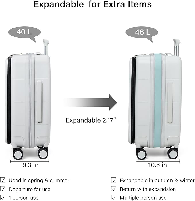 Hanke Hardside Expandable Carry On Luggage, 20 Inch Top Opening Trunk Luggages with Spinner Wheels, All-PC Hard Shell Carry-On Suitcase, Lightweight & TSA Airline Approved (Smoke White, 46L)