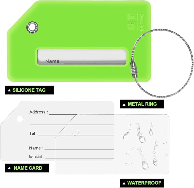 8 Pcs Luggage Tags for Suitcases, 26 Initial Letter Travel Luggage Baggage Identification Labels ID Tags Fully Bendable Tags with Stainless Steel Loop (Letter M, Green)