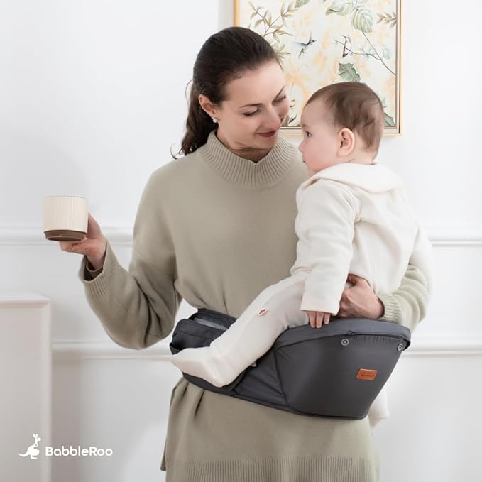 BabbleRoo Grow Carrier – 6-in-1 Baby Carrier with Hip Seat, Ergonomic, Cozy & Adjustable Toddler Carrier 7-50 lbs with Hip & Lumbar Support, Hood for Sun Protection, Newborn to Toddler, Black