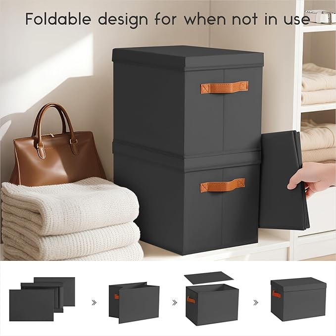 Storage Bins with Lids - Large Fabric Closet Bins with Lid, 6 Pack Clothes Organizers and Storage, Collapsible Stackable Cube Basket for Home, Office, Dorm, Black