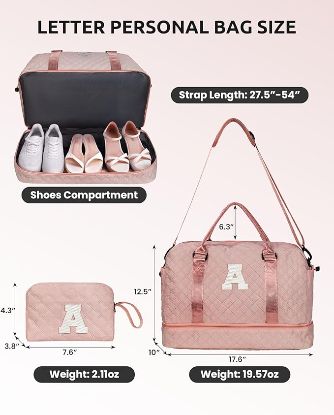 Bachelorette Personalized Weekender Travel Bag with Monogram, Shoulder Strap, Overnight Bag for Women (Letter W)