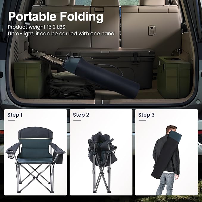HIGH POINT SPORTS Oversized Camping Folding Chair, Heavy Duty Portable Outdoor Chair, Foldable Camp Chair with Cup Holder and Cooler Bag Support 450 LBS, 2 Pack, Green