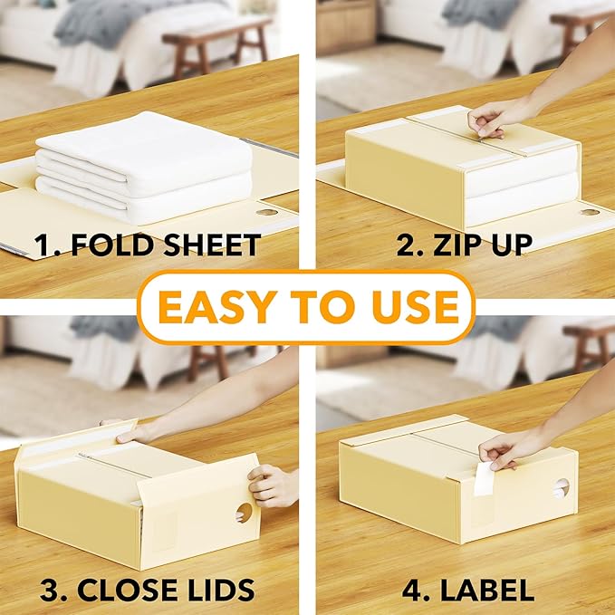 SpaceAid 3 Pack Bed Sheet Organizers and Storage, Foldable Linen Closet Organizer, Set Folder Keeper With Window XL (Queen & King Size) Bedding Container (Beige)