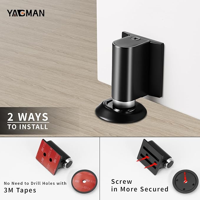 3 Pack Magnetic Door Stoppers Retractable Bottom of Door Holder No Drilling Mount Floor Door Stop with Screws and Adhesive Catch Door Keep Door Open Matte Black MB-3