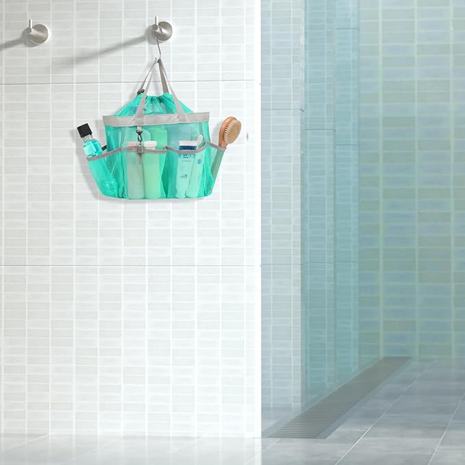 F-color Mesh Shower Caddy Portable with Drawstring - Upgrade Deeper 7 Pockets Dorm Room Essentials for Guys Girls with S Hook, Shower Bag Basket Tote for College Camping Bathroom, 2 Pack Mint Green