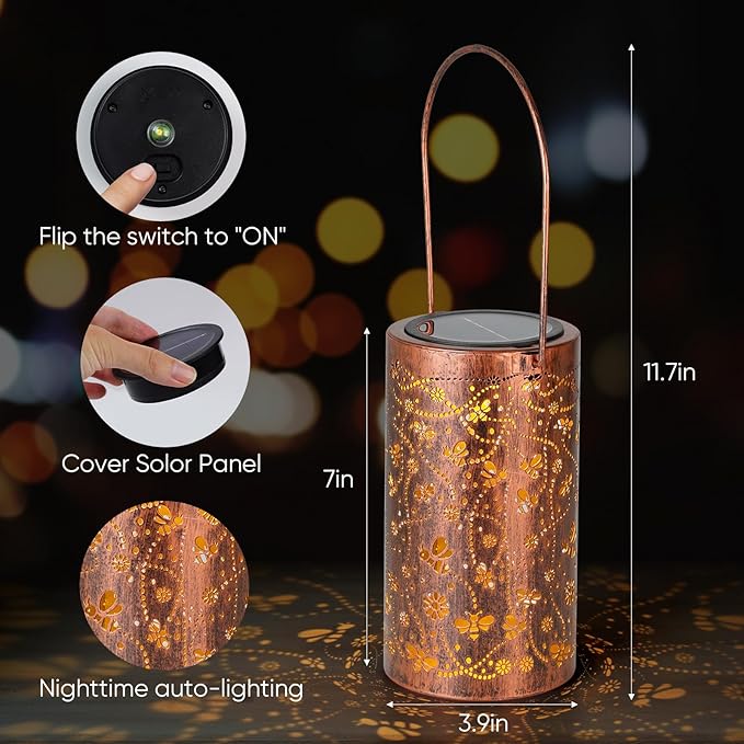 Homemory Bee Solar Lanterns Lights Outdoor Waterproof, Hollowed-Out Metal Decor Lantern, Gifts for Women, LED Solar Lights Metal Decoration Outside for Yard, Patio, Backyard, Porch, Lawn