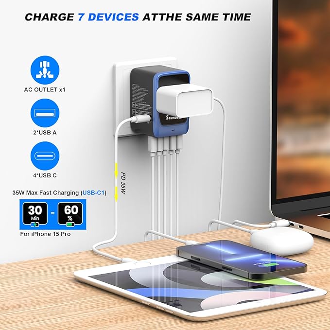 Universal Travel Adapter, PD 35W 7 in 1 International Power Plug Adapter with 7.0A 4 USB-C and 2 USB-A Fast Wall Charger, Worldwide AC Outlet for US Europe UK AUS (Black+Blue)
