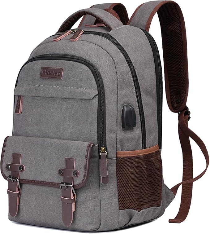 Mactso Canvas Travel Laptop Backpack for Men Women, Business Work Rucksack College School Computer Bag Fits 15.6 Inch Notebook,Bookbag with USB Charging Port (Grey, 15.6 Inch)