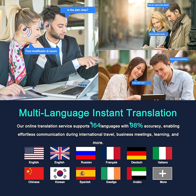 AI Translation Earbuds Real Time, 164 Language Translator Earbud 3-in-1 Bluetooth 5.4 Translator Earbuds with 6 Translation Modes, 75H Translators Headphones with APP for Travel Business, Blue
