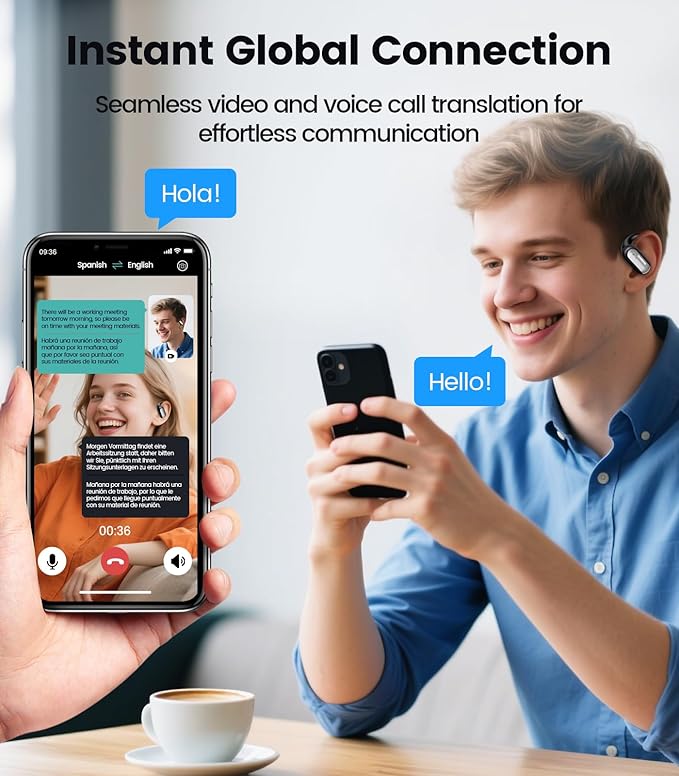 AI Translation Earbuds Real Time 164 Languages Translator Ear Buds Audifonos Traductores Inglés Español 4-in-1 Wireless Headphones Bluetooth Earphones for Travel Business Meeting Learning Black